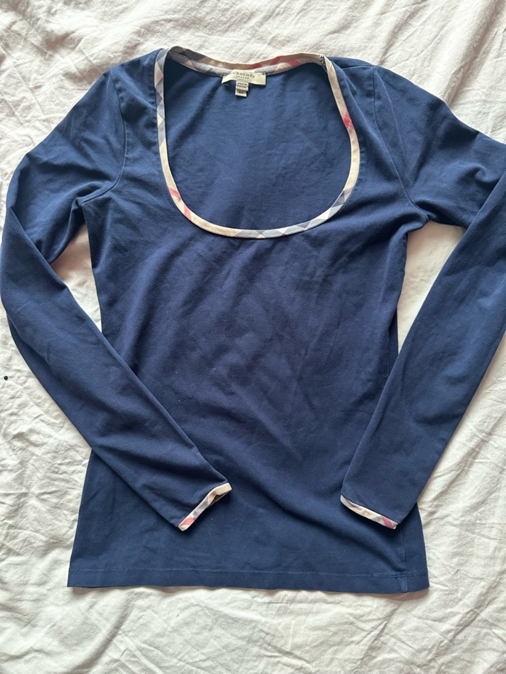 FINAL SALE - Burberry London Blue Long Sleeve Top Nova Check Trim Scoop Neck XS